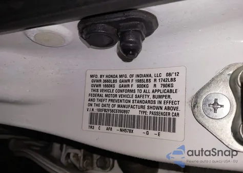 2012 Honda Civic Lx z USA, uszkodzony, nr VIN 19XFB2F56CE090897